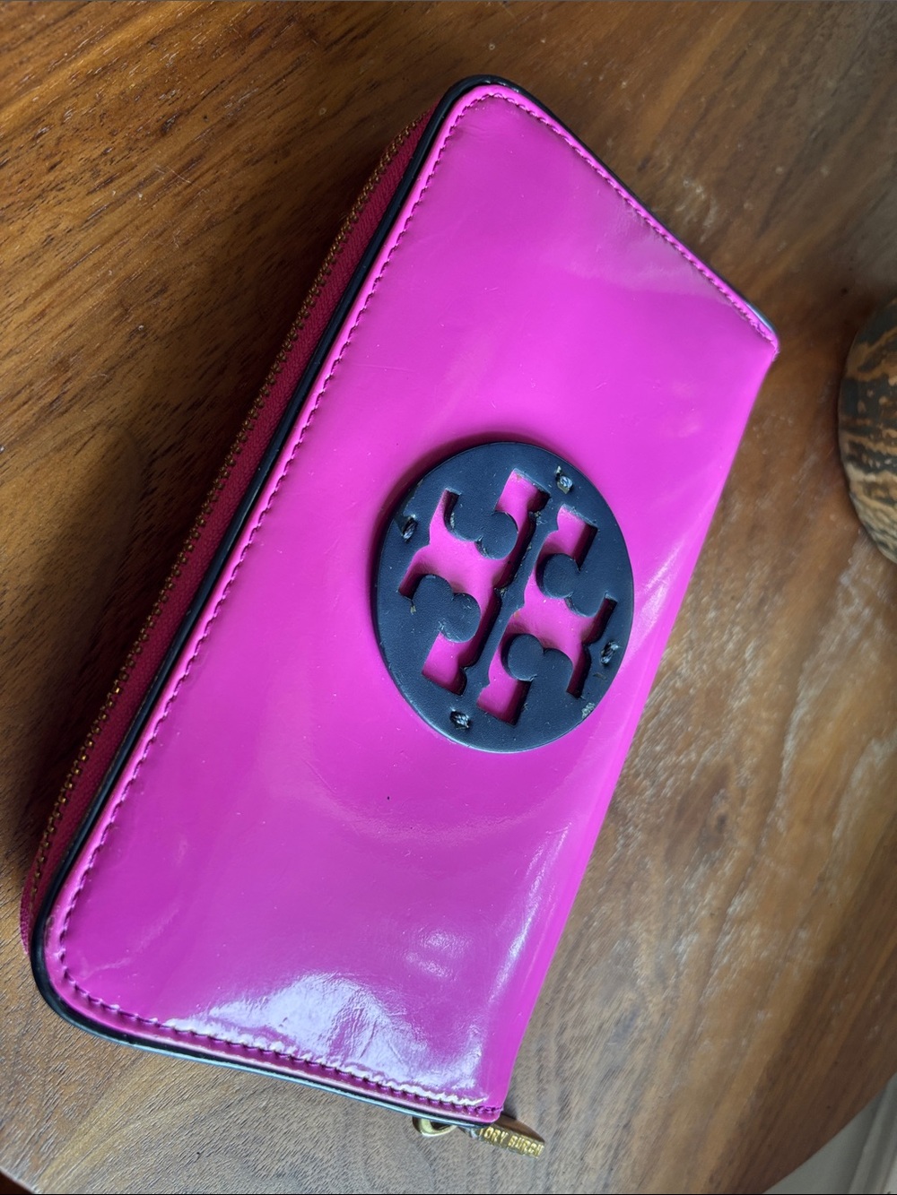 Tory Burch Glossy Patent Wallet in Bright Pink with Logo Medallion